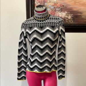Maeve Anthropologie Black White Yellow Turtleneck Sweater Women Small Zigzag Ski